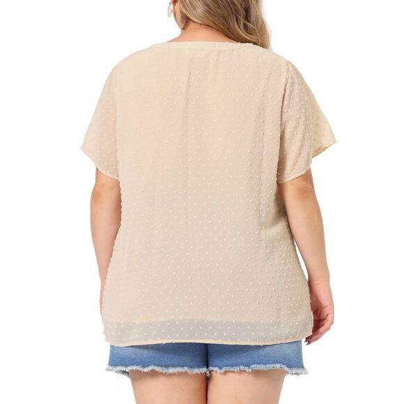 Women's Plus Size Blouses Pin Dots Round Neck Basic Top Beige - Picture 4 of 6